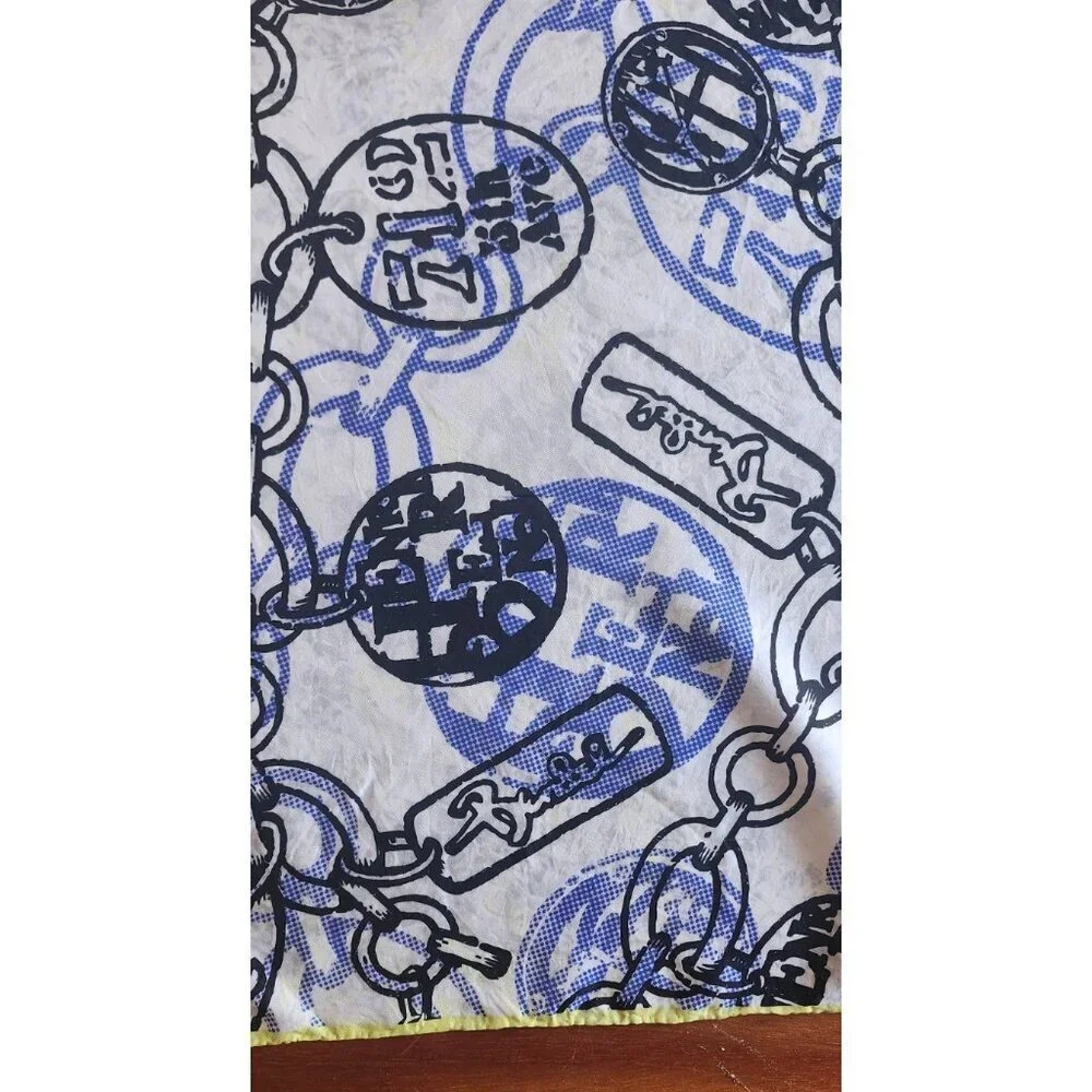 Henri Bendel Silk Scarf Charm Chain Print White Blue Yellow Square 26